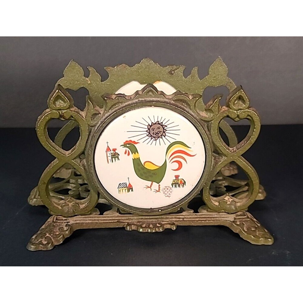 Vintage Olive Green Cast Iron Napkin Holder Farmhouse Kitchen Cottage Rooster